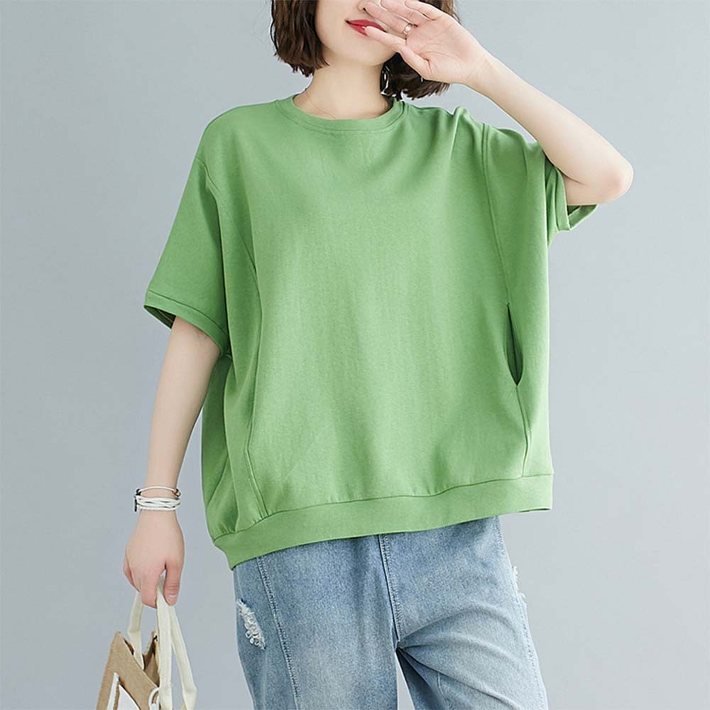 Summer women's loose solid color pocket round neck T-shirt