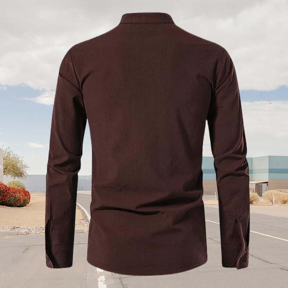 Spring Men's Cotton and Linen Stand Collar Long Sleeve Tie-Up Shirt