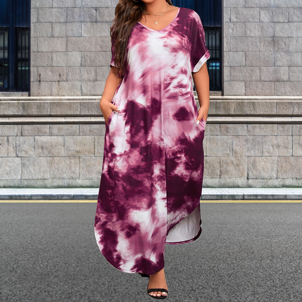 Olivoslindo Verano nueva falda larga vestido de manga corta tie-dye de gran tamaño