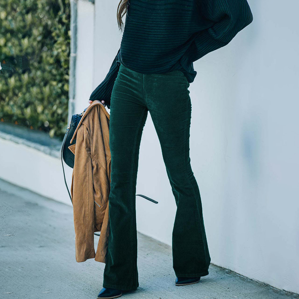 Women Solid Color Corduroy Slim Flare Pants