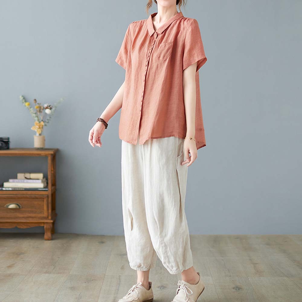 Women's loose large size cotton and linen short sleeve shirt