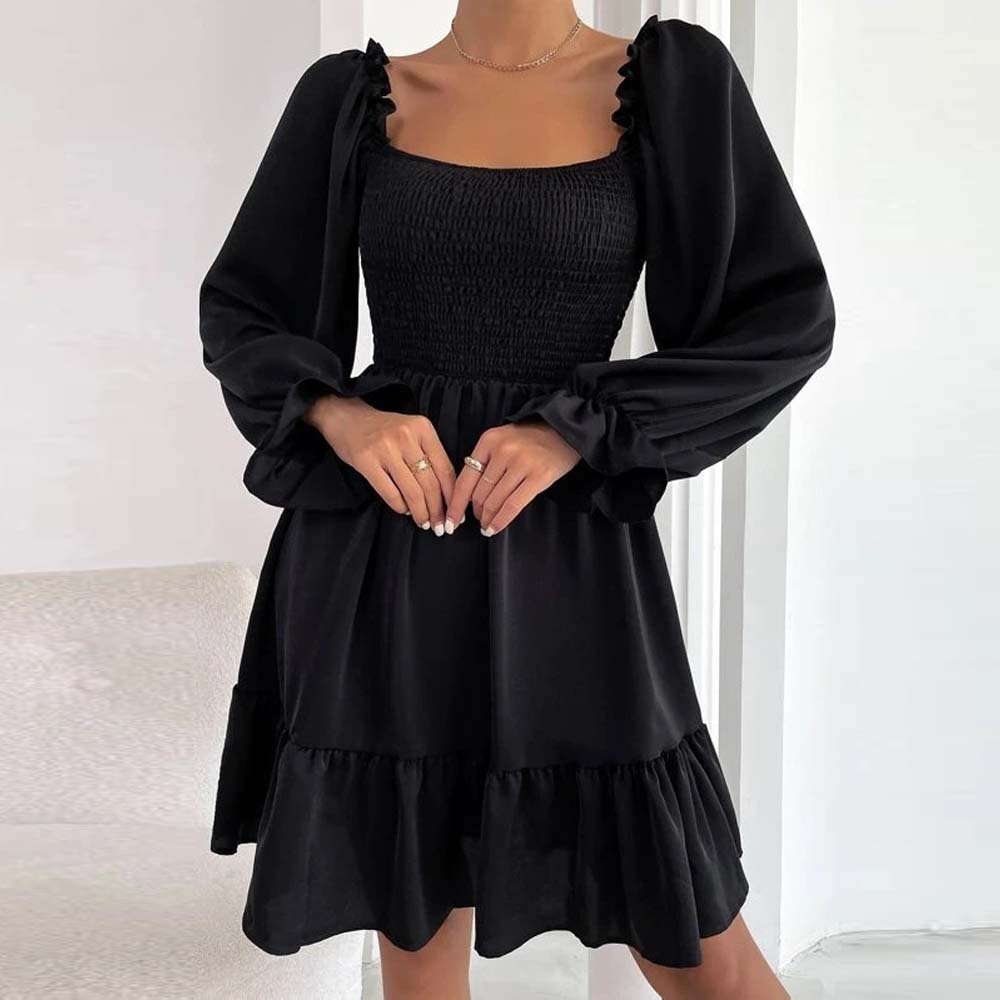 2024 Temperament Square Neck Pleated Ruffle Dress