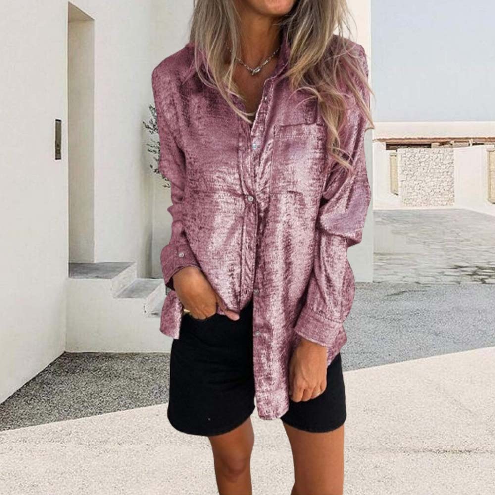 Camisa de solapa de moda de gamuza casual para mujer de primavera 2024