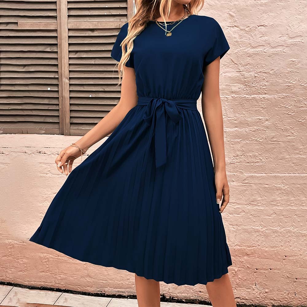 Women's Summer Solid Color Pleated Lace-Up Resort Dress