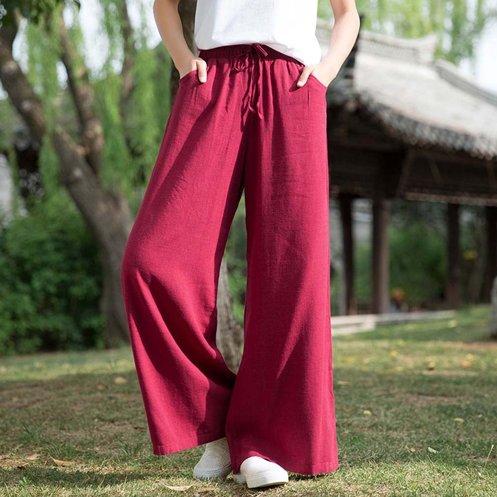 2024 Spring and summer women's retro linen wide-leg pants