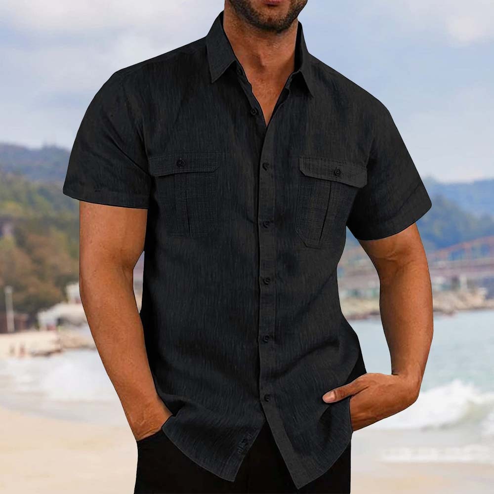 Men's stretch breathable cotton and linen pocket short-sleeved shirt