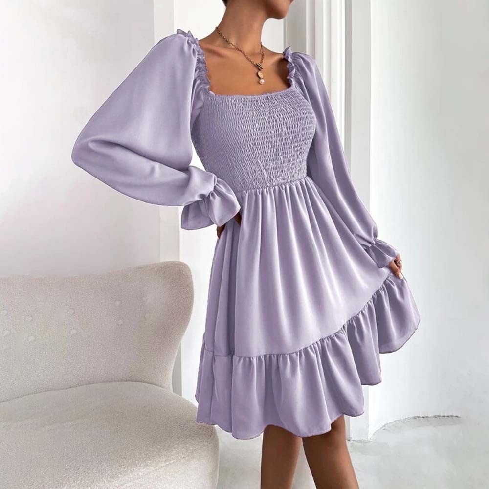 2024 Temperament Square Neck Pleated Ruffle Dress