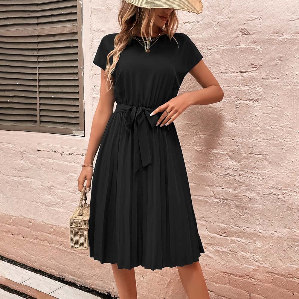 Women's Summer Solid Color Pleated Lace-Up Resort Dress