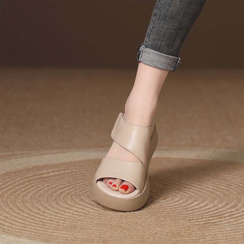 Sandalias informales de piel con velcro y suela gruesa para mujer