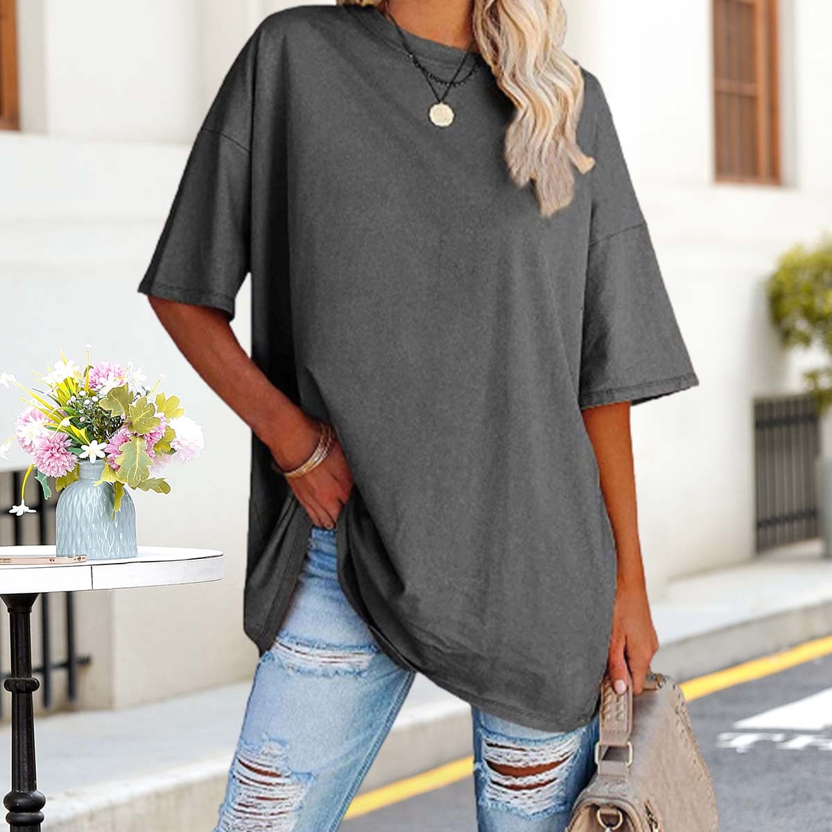 Olivoslindo Sommer Casual Damen Einfarbig Tropfen Schulter Ärmel Rundhals Lose T-Shirt