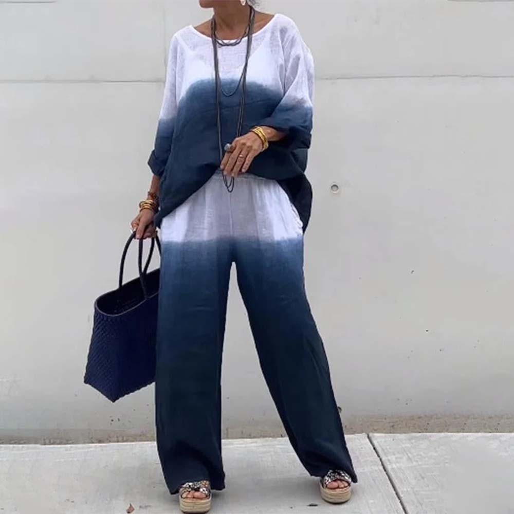 Conjunto de dos piezas degradado de algodón y lino para mujer a la moda