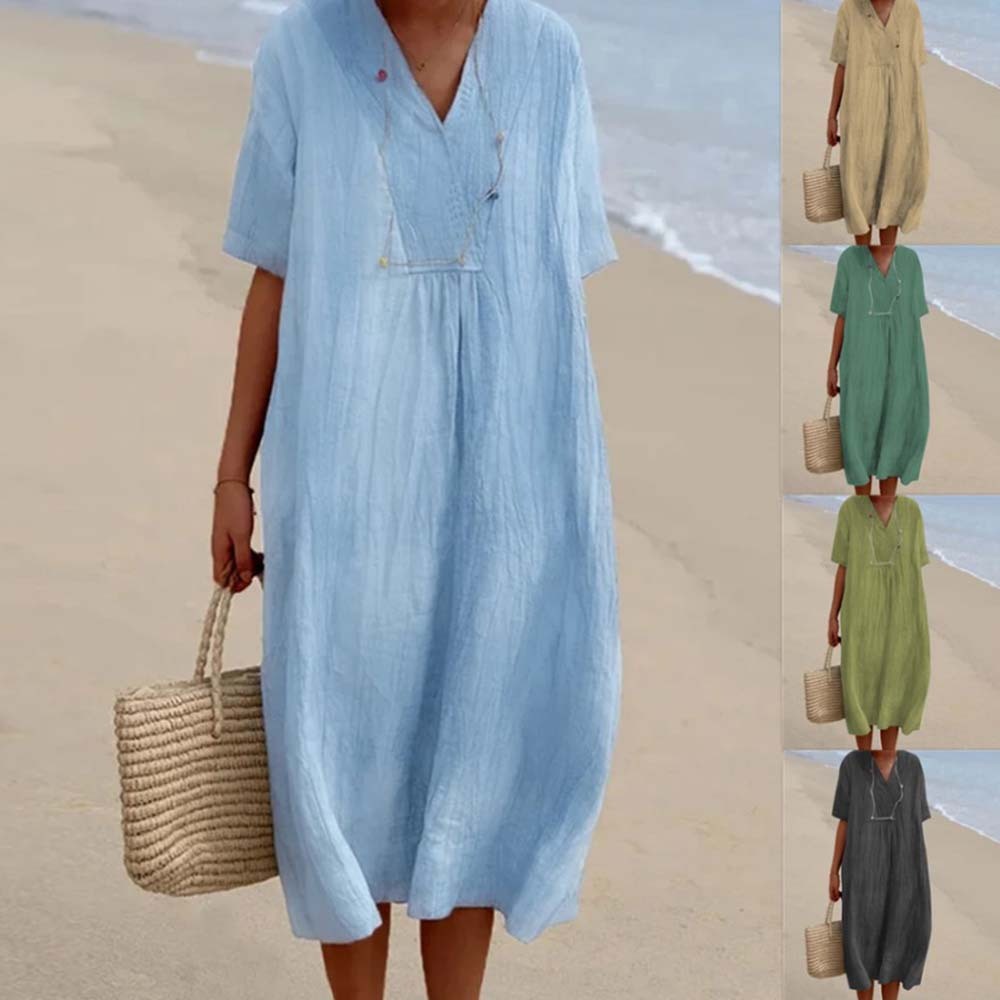 Soft and comfortable V-neck cotton and linen dress