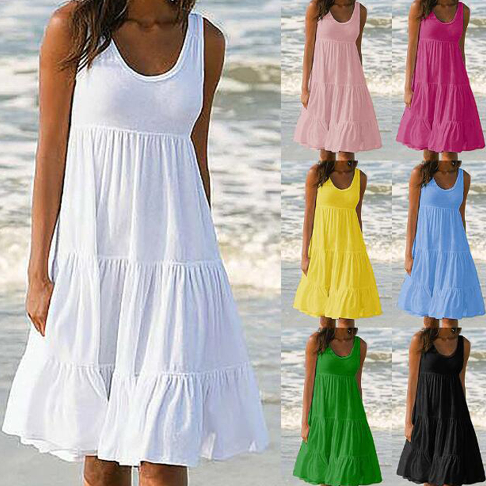Olivoslindo Vestido de playa sin mangas con cuello redondo y empalme grande