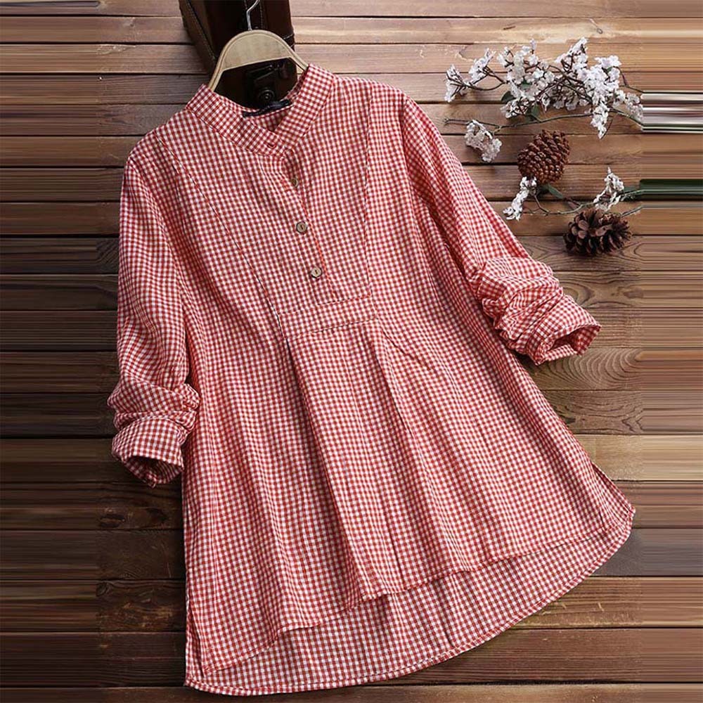 Spring women's fashionable V-neck plaid long-sleeved shirt
