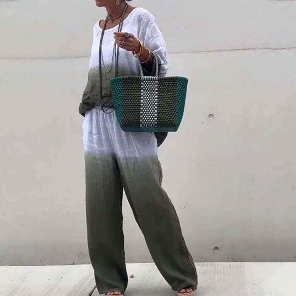 Conjunto de dos piezas degradado de algodón y lino para mujer a la moda