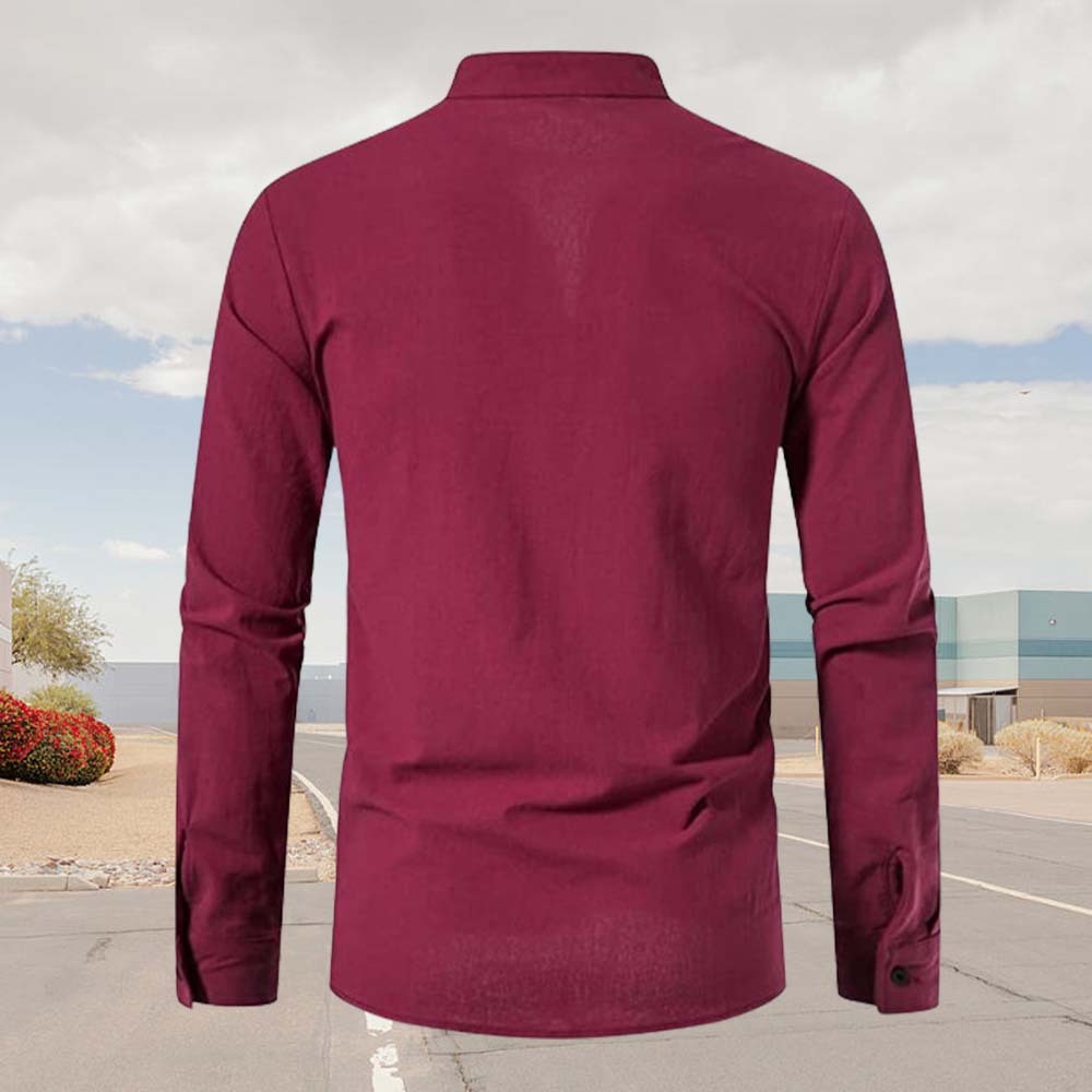 Spring Men's Cotton and Linen Stand Collar Long Sleeve Tie-Up Shirt
