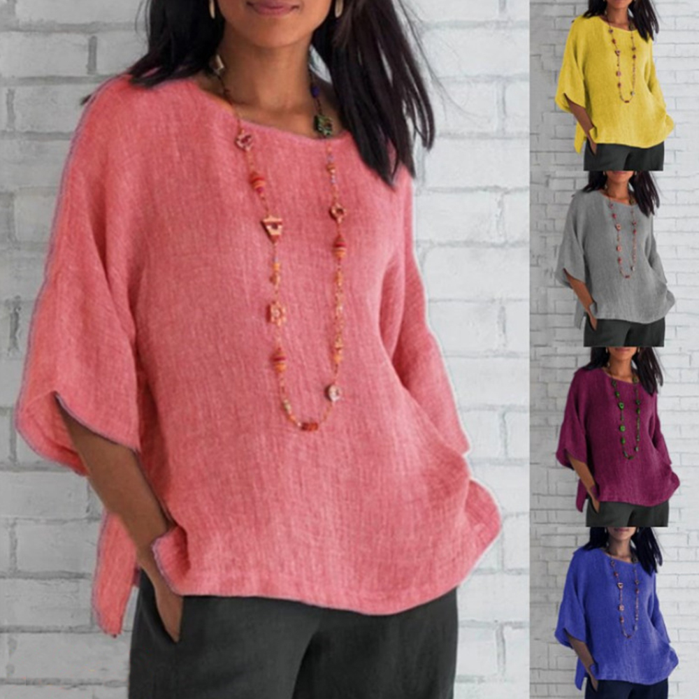 Olivoslindo Top camisero de lino y algodón con cuello redondo y manga 3/4