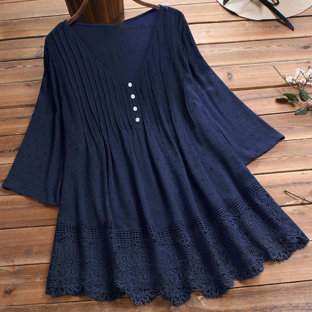 Summer ladies temperament lace V-neck hollow short-sleeved shirt