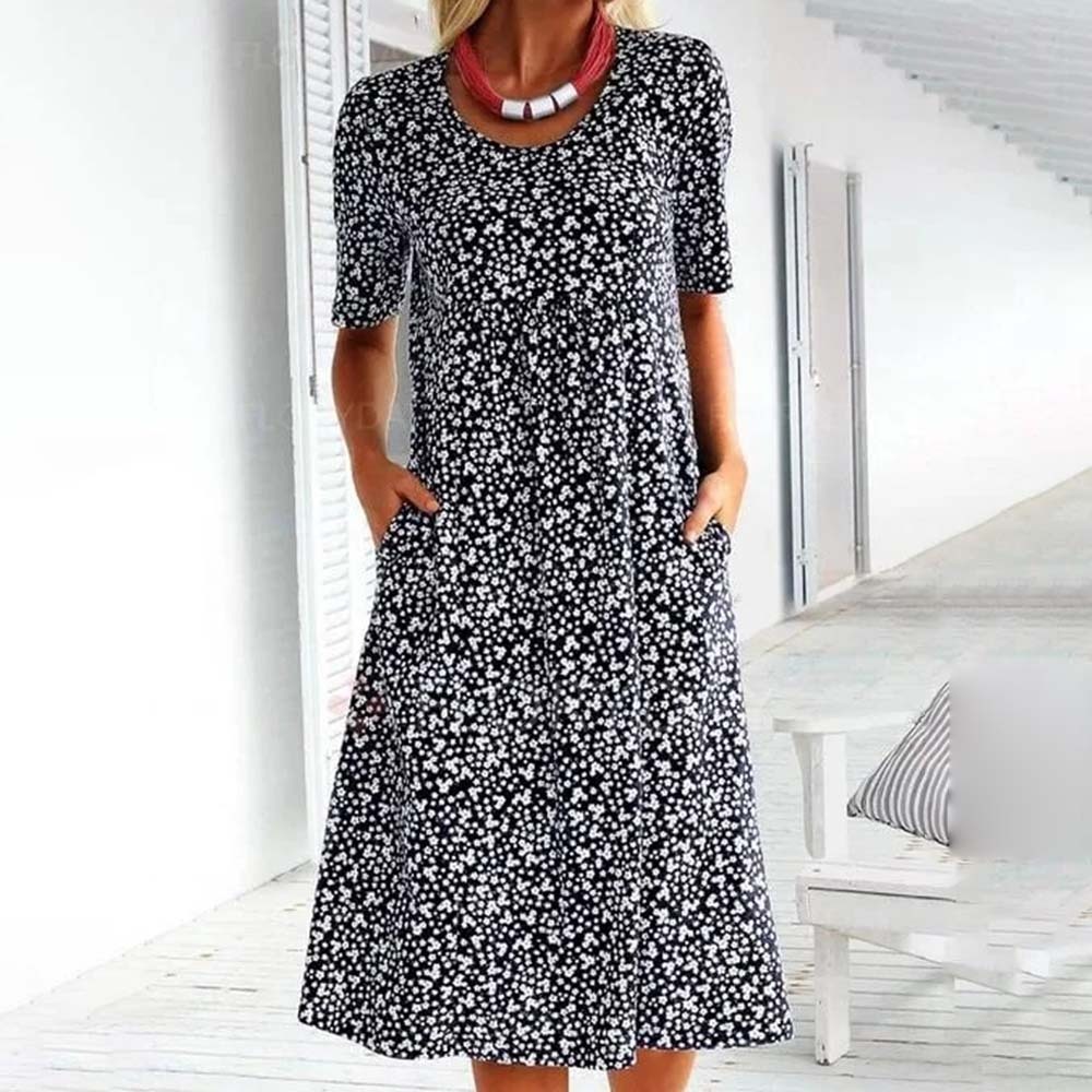 Casual Women Cotton Scoop Neck Floral Dress (8 Colors with Pockets)