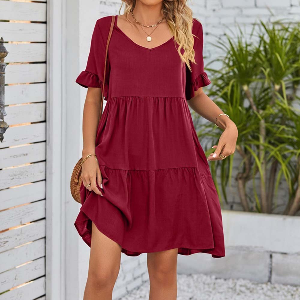 Summer casual V-neck ruffle loose dress beach dress
