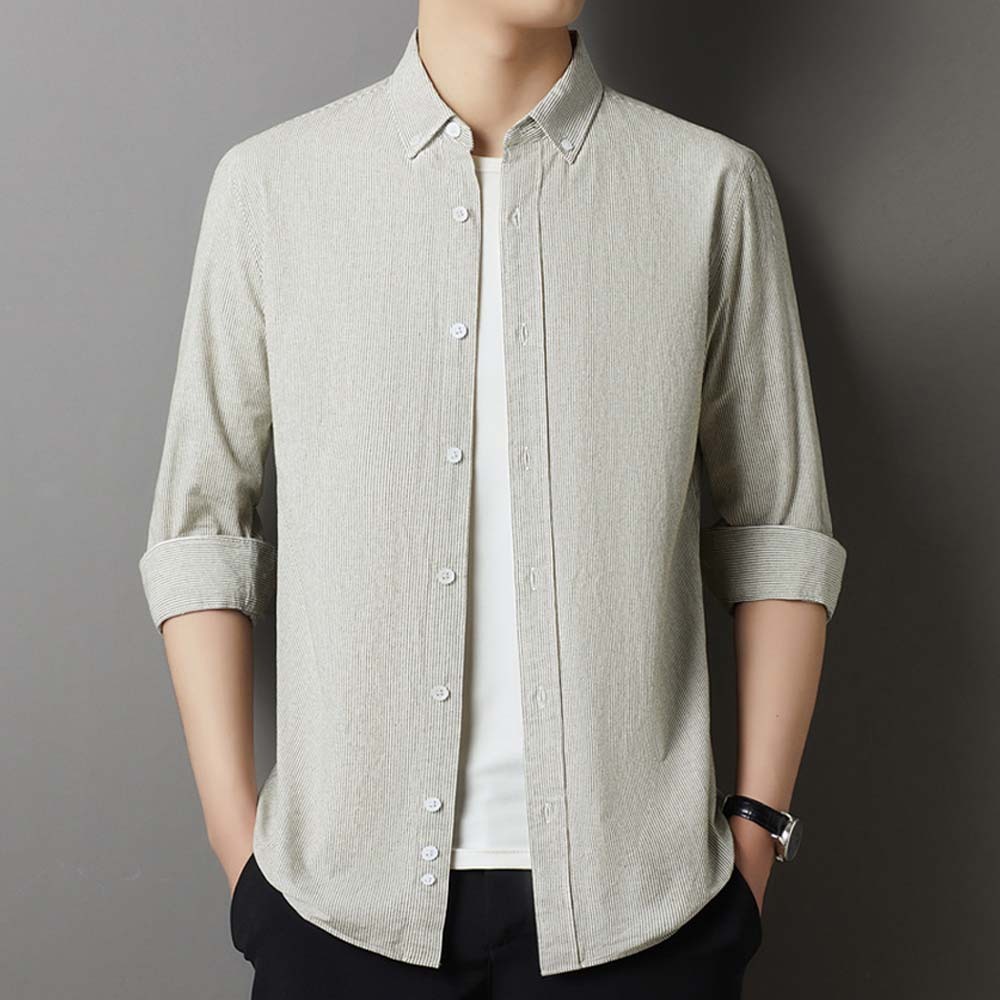 Smiledeer Men's comfortable cotton lapel striped long-sleeve shirt