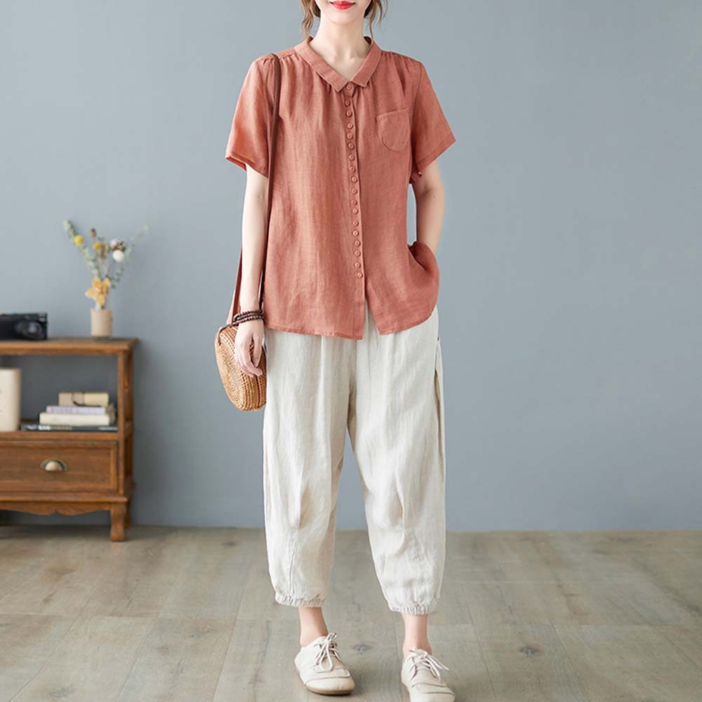 Women's loose large size cotton and linen short sleeve shirt