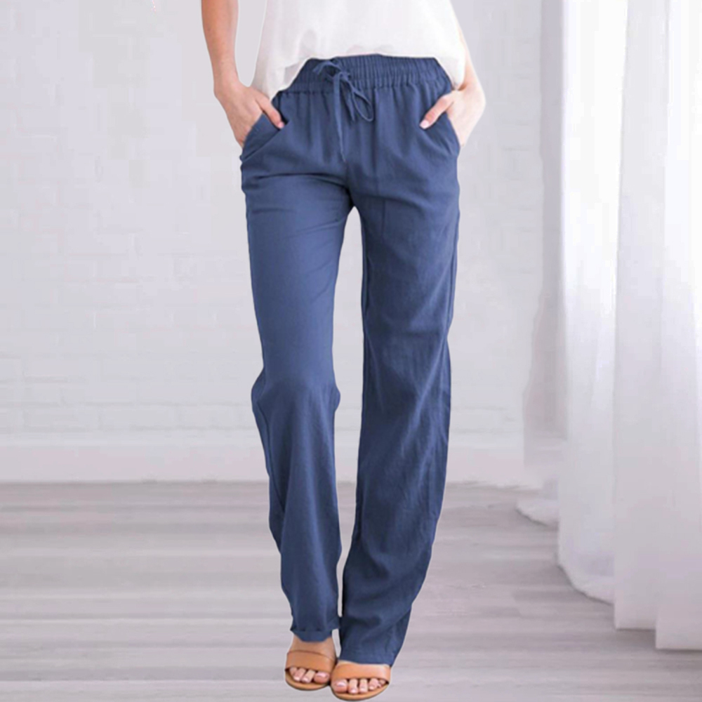 New Ladies Solid Color Cotton Linen Straight Leg Pants