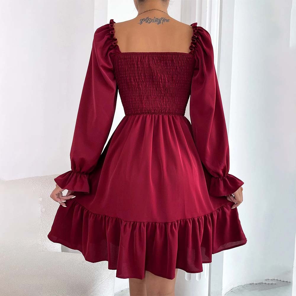 2024 Temperament Square Neck Pleated Ruffle Dress
