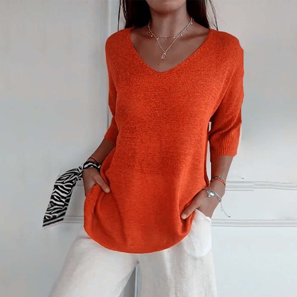 Top de punto de color liso con cuello en V para mujer
