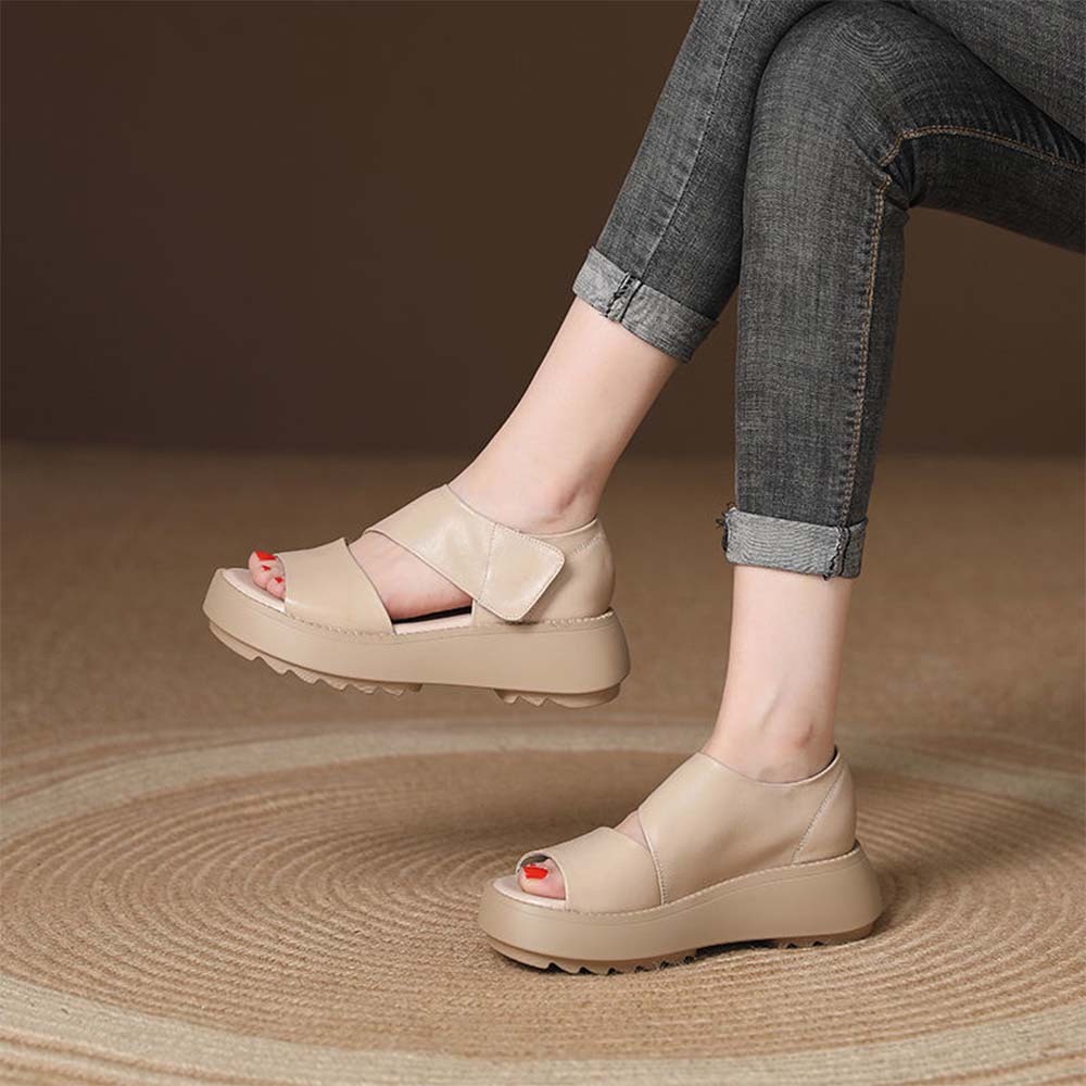 Sandalias informales de piel con velcro y suela gruesa para mujer