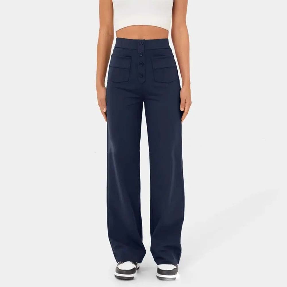 Pantalones casuales elásticos con botones de cintura alta para mujer