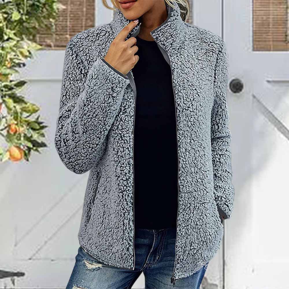 Olivoslindo Nueva chaqueta polar de color liso para mujer con cuello alto, mangas largas y cremallera