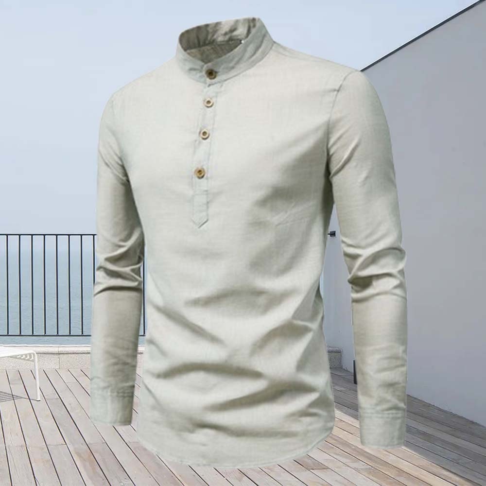 Fashion slim fit cotton and linen half-open collar men's long-sleeved shirt