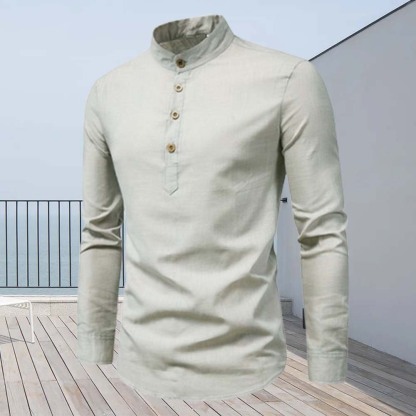 Fashion slim fit cotton and linen half-open collar men's long-sleeved shirt