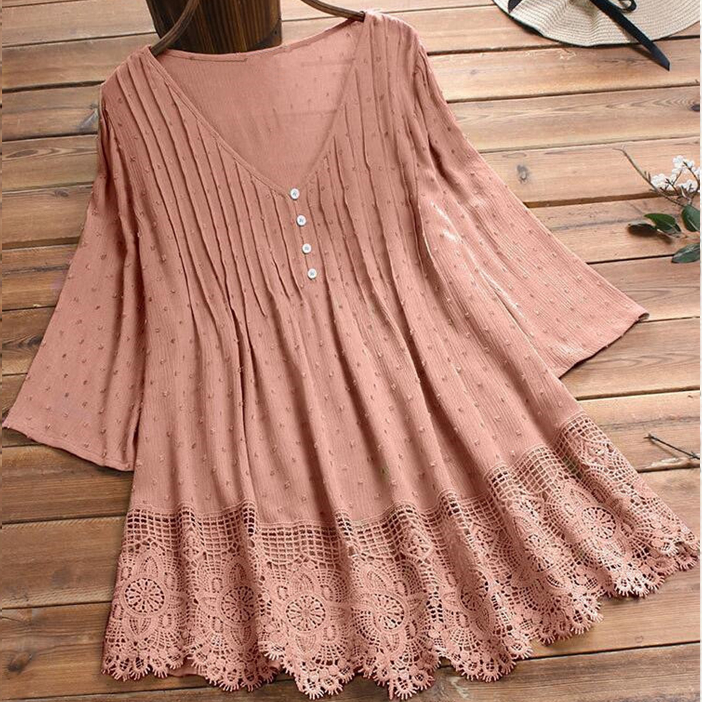 Summer ladies temperament lace V-neck hollow short-sleeved shirt