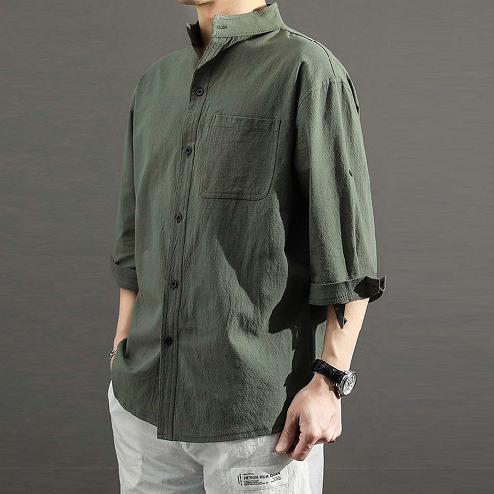 2024 Men's solid color casual cotton and linen shirt