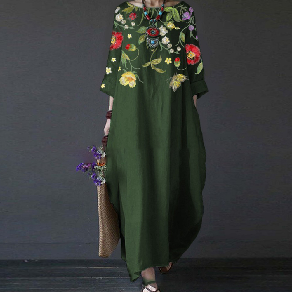 Olivoslindo Vestido retro con lindo estampado y temperamento literario con escote redondo