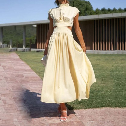 Stylish stand-up collar and exposed waist resort style dress