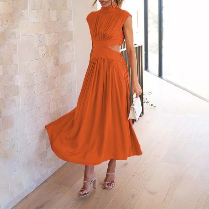 Stylish stand-up collar and exposed waist resort style dress