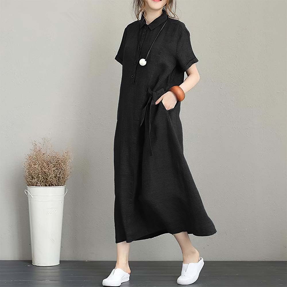 Women's Casual Polo Neck Cotton and Linen Short Sleeve Dress