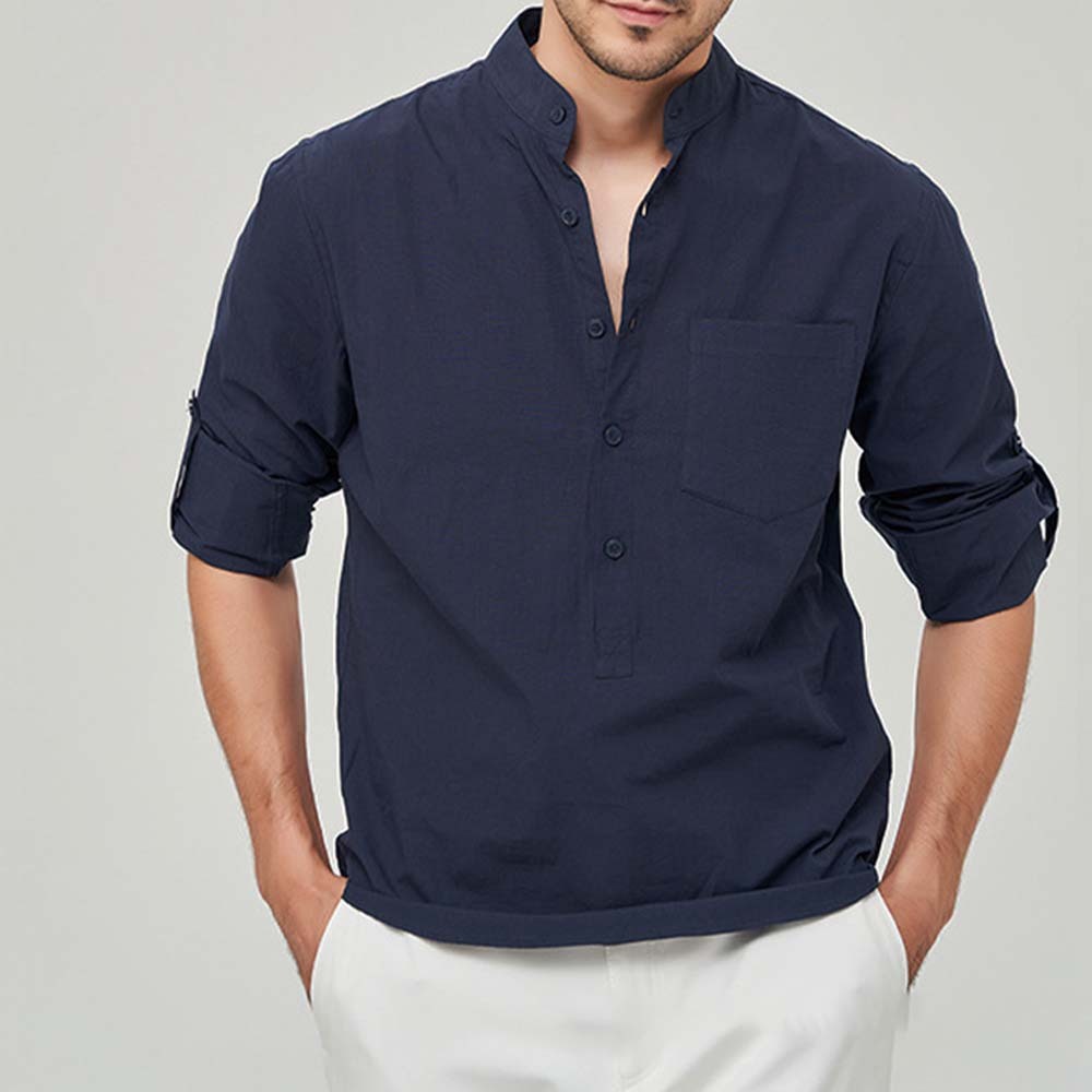 Hojanaranja Camisa henley cómoda de algodón de color liso para hombre