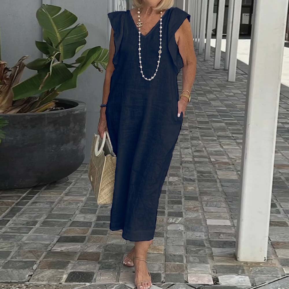 Elegante vestido de algodón y lino con cuello en V y color liso