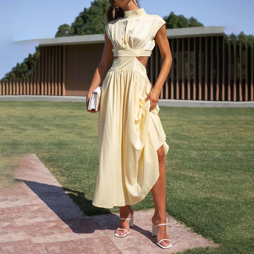 Stylish stand-up collar and exposed waist resort style dress