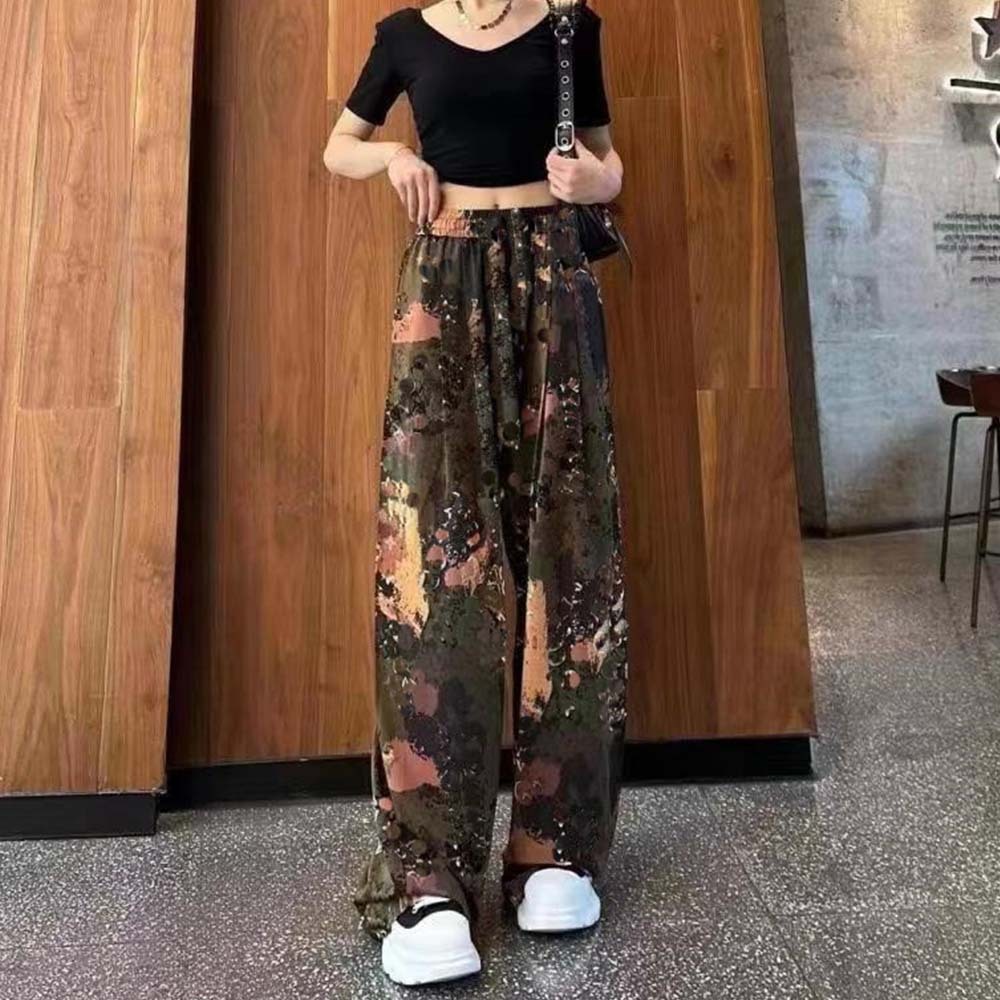 Women's fashionable printed tie-dye ice silk wide-leg pants