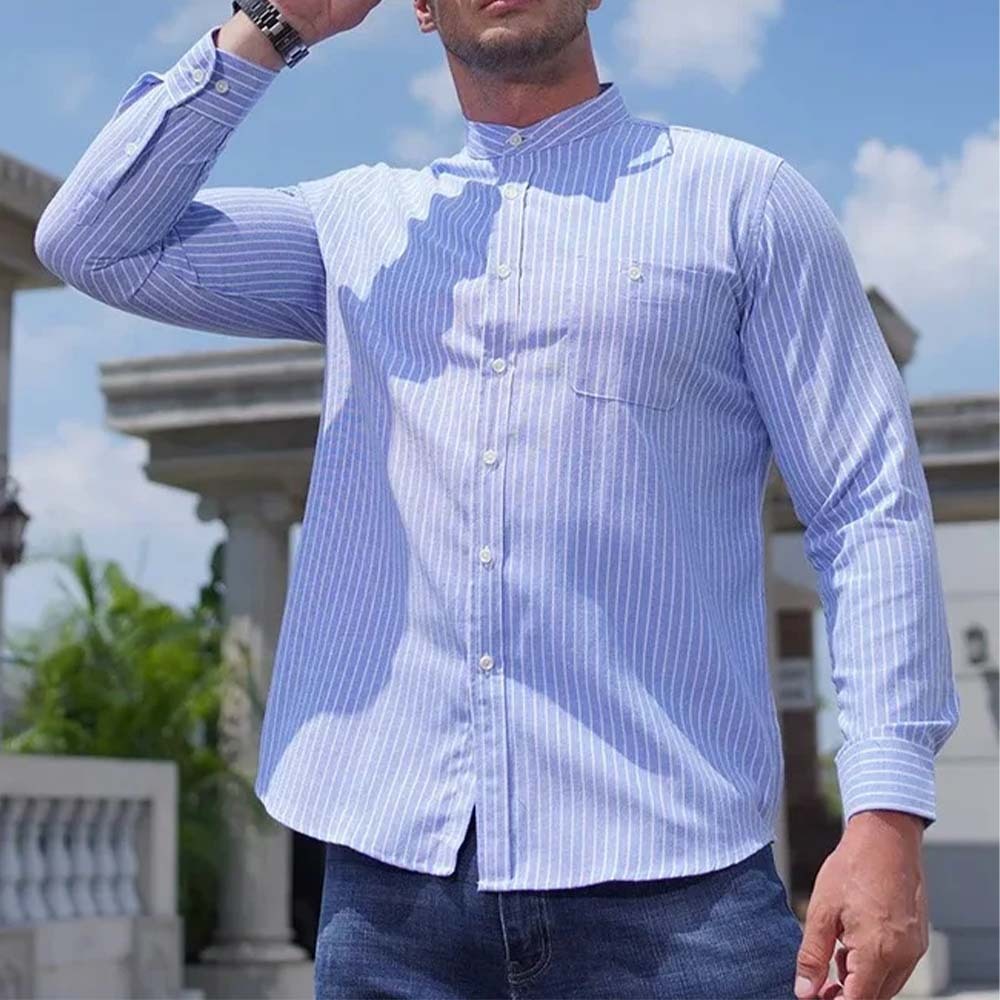 Camisa casual de manga larga a rayas con cuello levantado y talla grande para hombre