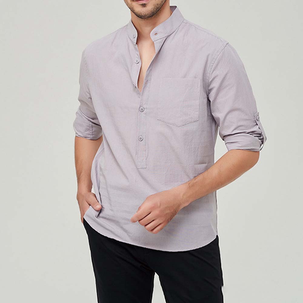 Hojanaranja Camisa henley cómoda de algodón de color liso para hombre