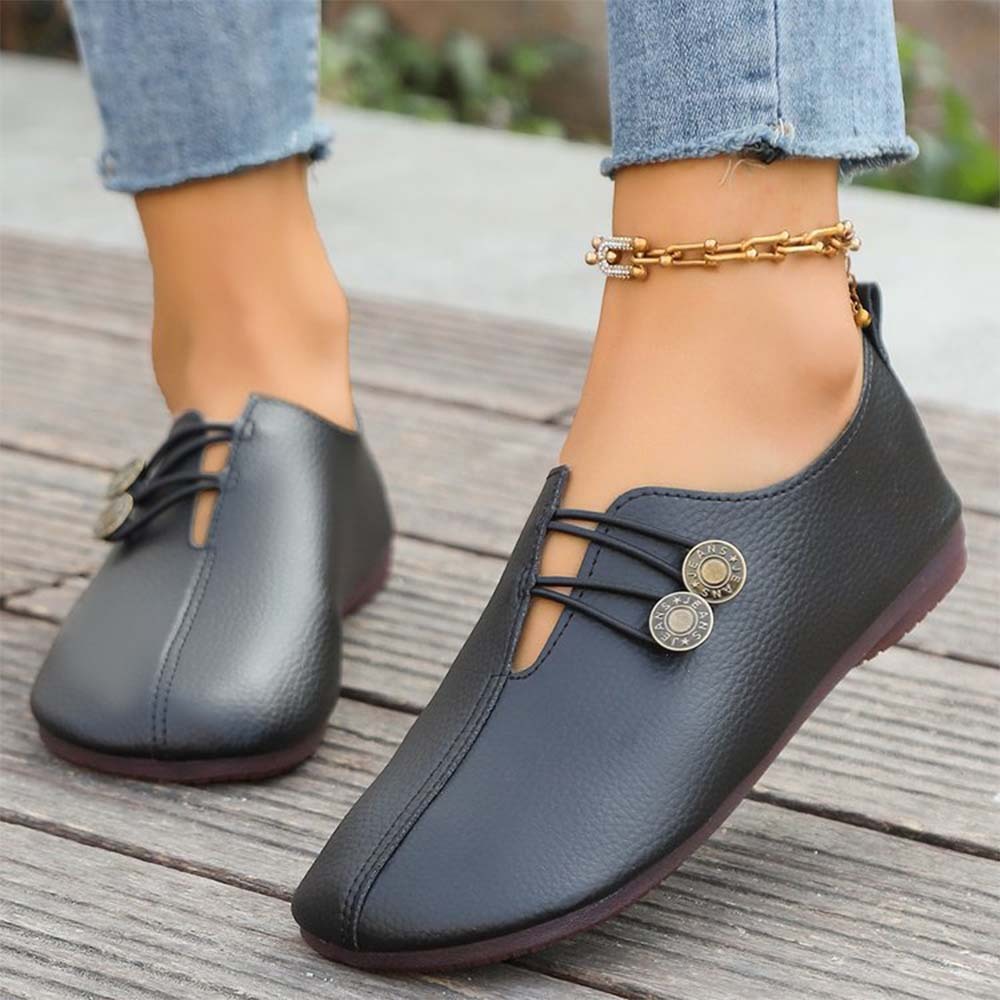 Zapatos casuales de dos botones con punta redonda de cuero retro para mujer
