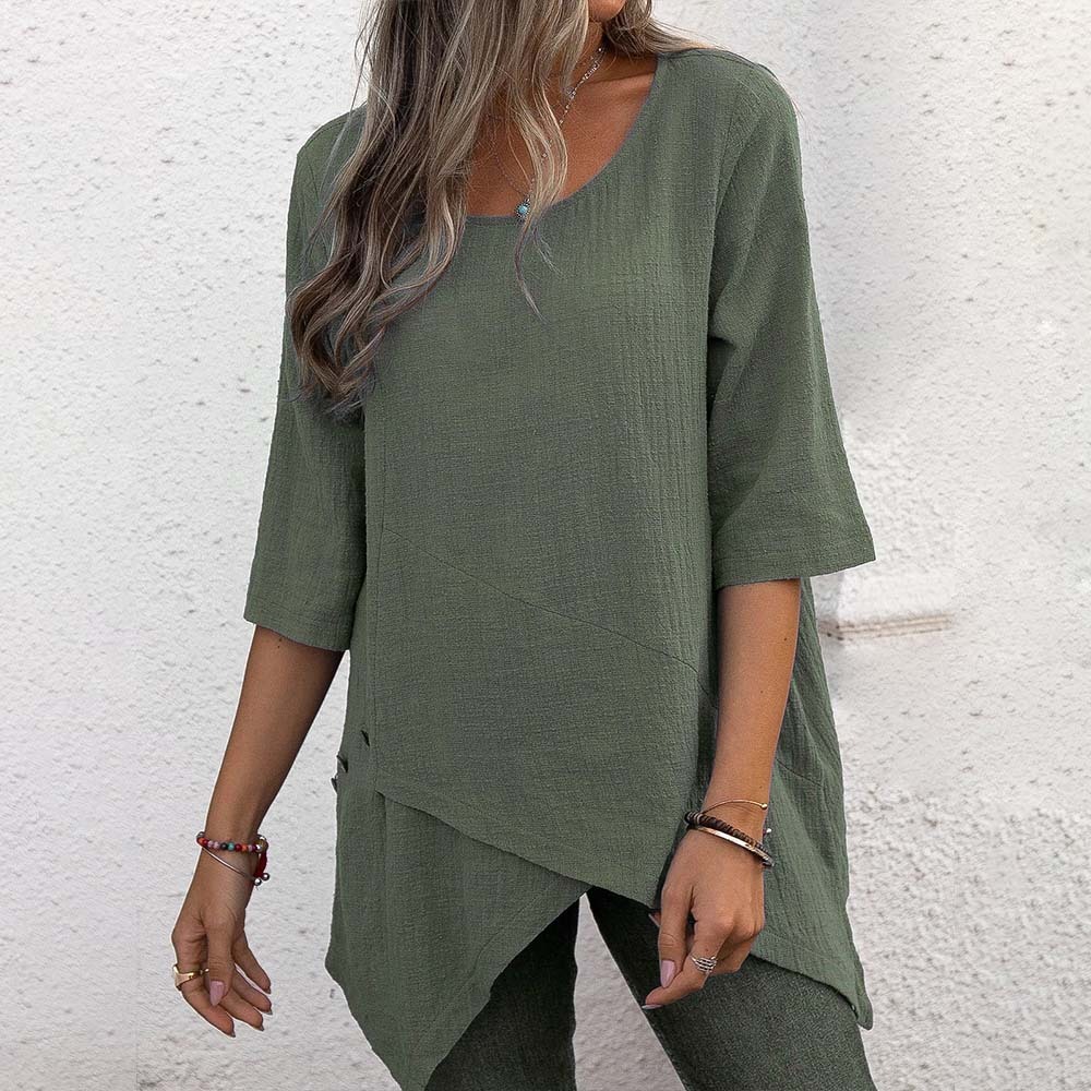 Women's cotton and linen round neck irregular shirt half-sleeved top