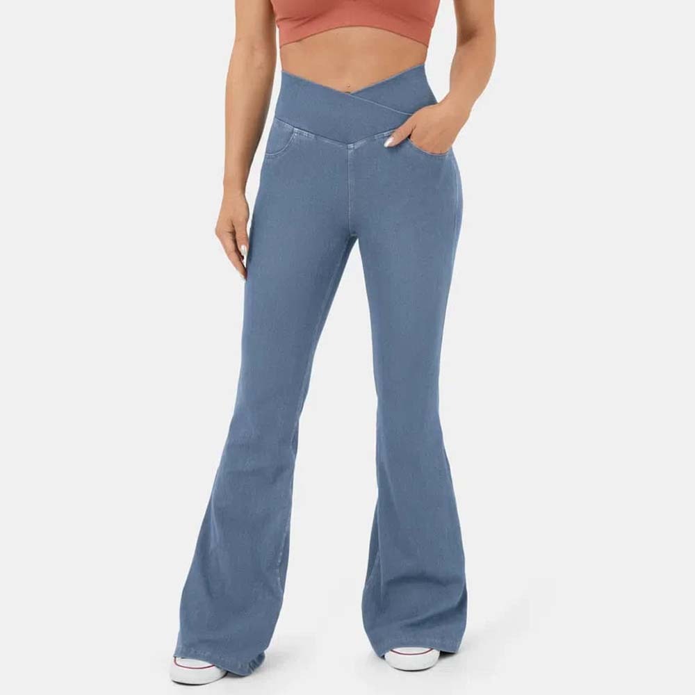 Women's Stretch Denim High Waist Crossover Flare Pants