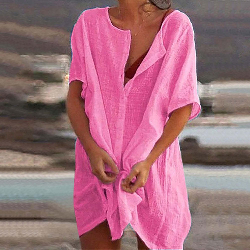 Women's mid-length loose solid color short-sleeved shirt